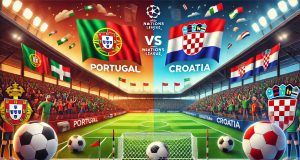 tugal and Croatia. The scene should feature elements representing both national teams a