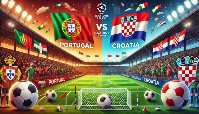 tugal and Croatia. The scene should feature elements representing both national teams a