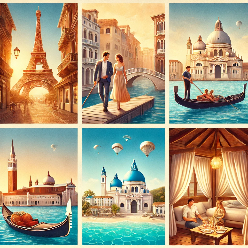 DALL·E 2025 02 13 22.24.14 A romantic travel themed illustration featuring famous destinations like Paris (Eiffel Tower), Venice (gondola ride), Santorini (white houses with blu