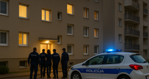 Ilustracija policijskog postupanja ispred stambene zgrade u Rijeci.