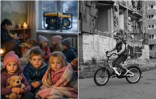 Lijevo ilustracija desno djeca u Buči