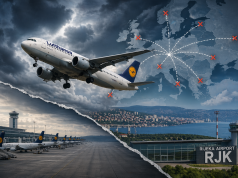 Putnički avion Lufthanse iznad Europe s označenim otkazanim rutama, u pozadini riječki aerodrom i obalni grad pod tamnim oblacima.