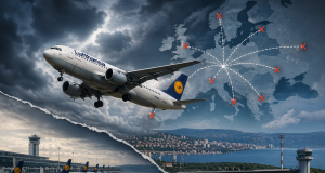 Putnički avion Lufthanse iznad Europe s označenim otkazanim rutama, u pozadini riječki aerodrom i obalni grad pod tamnim oblacima.