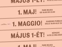 Plakat za proslavu 1. maja u Parku Mlaka u Rijeci s višejezičnim natpisima (hrvatski, talijanski i mađarski) te informacijom o vremenu održavanja od 16 do 22 sata.