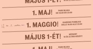 Plakat za proslavu 1. maja u Parku Mlaka u Rijeci s višejezičnim natpisima (hrvatski, talijanski i mađarski) te informacijom o vremenu održavanja od 16 do 22 sata.