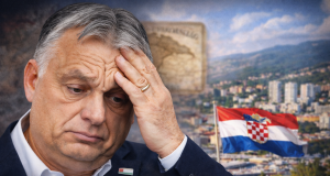 Viktor Orbán zamišljen nakon izbornog poraza, u pozadini zamagljena Rijeka i hrvatska zastava