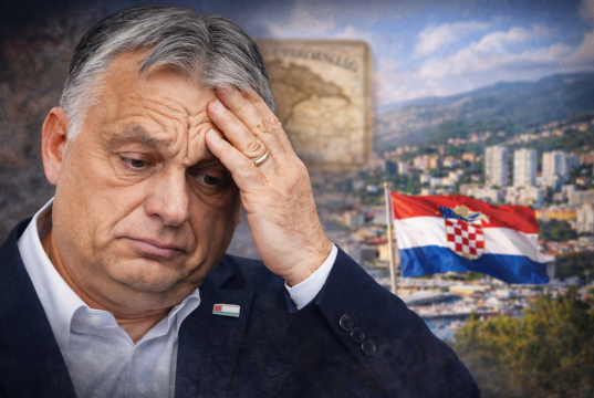 Viktor Orbán zamišljen nakon izbornog poraza, u pozadini zamagljena Rijeka i hrvatska zastava