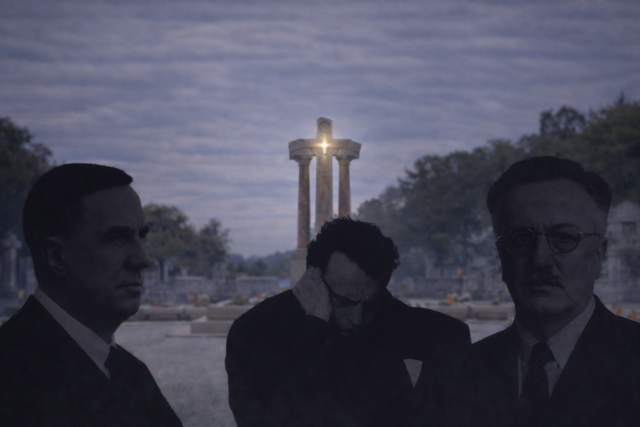 Siluete trojice muškaraca na groblju ispred osvijetljenog križa, uz natpis o priznanju jedne strane riječke povijesti.