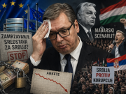 Aleksandar Vučić zamišljen s rukom na čelu, u pozadini Viktor Orban i prosvjedi uz natpis o političkoj panici i pritiscima iz EU-a.