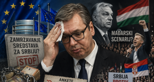 Aleksandar Vučić zamišljen s rukom na čelu, u pozadini Viktor Orban i prosvjedi uz natpis o političkoj panici i pritiscima iz EU-a.