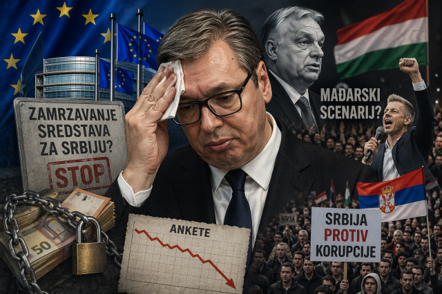 Aleksandar Vučić zamišljen s rukom na čelu, u pozadini Viktor Orban i prosvjedi uz natpis o političkoj panici i pritiscima iz EU-a.