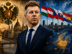 Fotorealistična ilustracija mađarskog premijera Pétera Magyara u prvom planu, uz pozadinu srednje Europe s povijesnim motivima Austro-Ugarske, zastavama regije i modernim gradskim pejzažem.