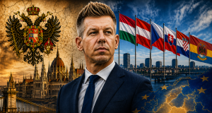 Fotorealistična ilustracija mađarskog premijera Pétera Magyara u prvom planu, uz pozadinu srednje Europe s povijesnim motivima Austro-Ugarske, zastavama regije i modernim gradskim pejzažem.