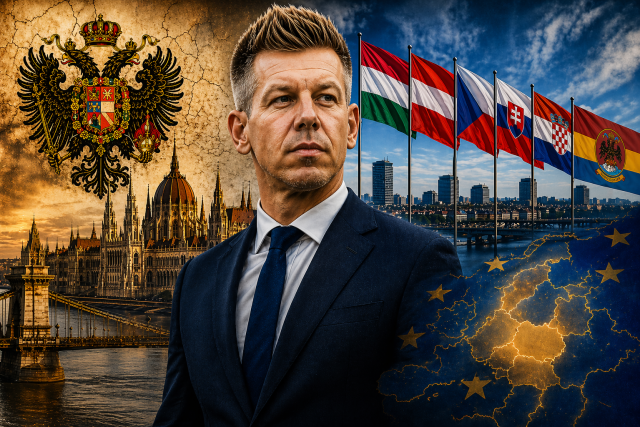 Fotorealistična ilustracija mađarskog premijera Pétera Magyara u prvom planu, uz pozadinu srednje Europe s povijesnim motivima Austro-Ugarske, zastavama regije i modernim gradskim pejzažem.