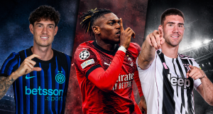 Kolaž nogometaša iz Serie A u dresovima Intera, Milana i Juventusa uz istaknuti naslov o aferi elitne prostitucije