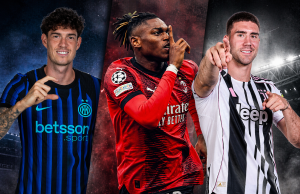 Kolaž nogometaša iz Serie A u dresovima Intera, Milana i Juventusa uz istaknuti naslov o aferi elitne prostitucije