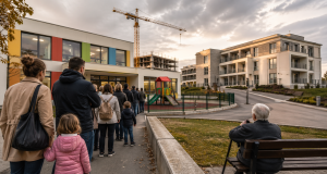 Roditelji s djecom i starije osobe stoje u redu ispred novog vrtića dok se u pozadini vidi moderna zgrada i gradilište, ilustrirajući nedostatak mjesta unatoč ulaganjima