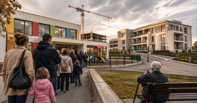 Roditelji s djecom i starije osobe stoje u redu ispred novog vrtića dok se u pozadini vidi moderna zgrada i gradilište, ilustrirajući nedostatak mjesta unatoč ulaganjima
