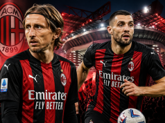 Nogometaši Luka Modrić i Mateo Kovačić u dresovima Milana ispred stadiona San Siro, uz grafički istaknut naslov o mogućem zajedničkom igranju u talijanskom klubu.