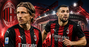 Nogometaši Luka Modrić i Mateo Kovačić u dresovima Milana ispred stadiona San Siro, uz grafički istaknut naslov o mogućem zajedničkom igranju u talijanskom klubu.