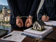 Muškarac s lisicama na rukama stoji iznad stola s dokumentima i maketom kuće, dok policijski službenik zapisuje bilješke.