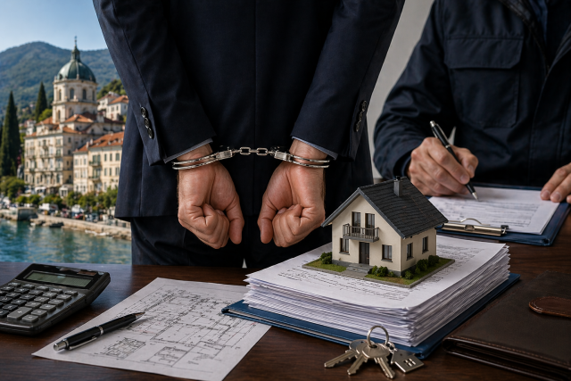 Muškarac s lisicama na rukama stoji iznad stola s dokumentima i maketom kuće, dok policijski službenik zapisuje bilješke.