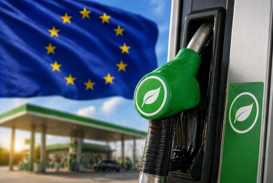 Zelena pumpa za gorivo ispred zastave Europske unije, simbol najave uvođenja E20 goriva s većim udjelom bioetanola.