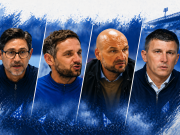 Kolaž četiri trenera HNK Rijeke na konferencijama za medije, poredanih kronološki slijeva nadesno.