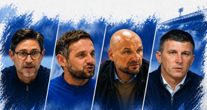 Kolaž četiri trenera HNK Rijeke na konferencijama za medije, poredanih kronološki slijeva nadesno.