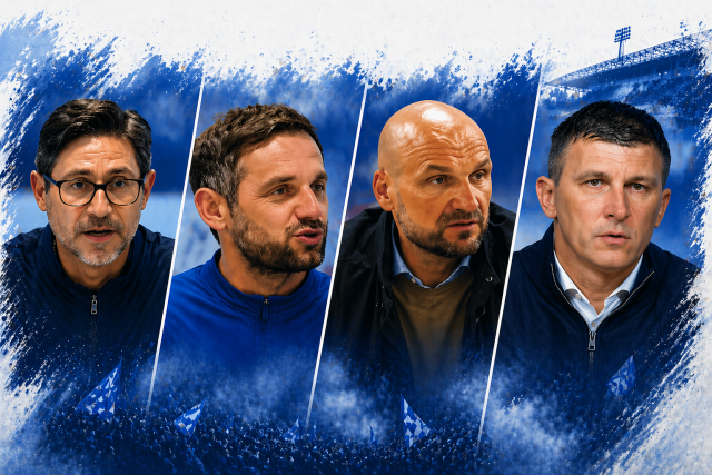 Kolaž četiri trenera HNK Rijeke na konferencijama za medije, poredanih kronološki slijeva nadesno.