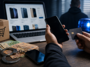 Ilustracija online prijevare s prodajom mobitela: kupac plaća uređaj putem interneta, ali isporuka izostaje, uz prikaz novca, paketa i sumnjive osobe.