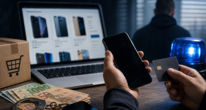 Ilustracija online prijevare s prodajom mobitela: kupac plaća uređaj putem interneta, ali isporuka izostaje, uz prikaz novca, paketa i sumnjive osobe.