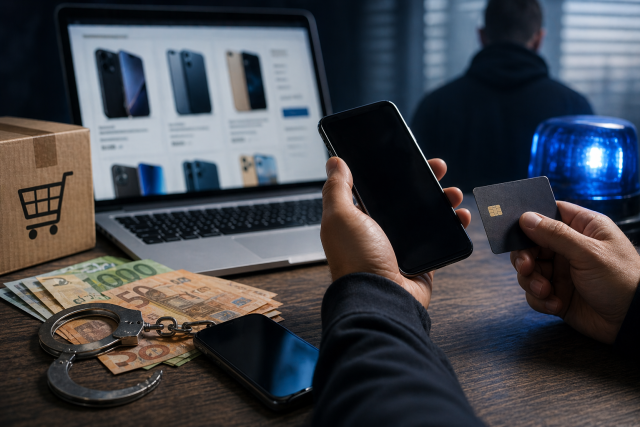 Ilustracija online prijevare s prodajom mobitela: kupac plaća uređaj putem interneta, ali isporuka izostaje, uz prikaz novca, paketa i sumnjive osobe.