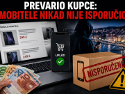 Ilustracija online prijevare s prodajom mobitela: kupac plaća uređaj putem interneta, ali isporuka izostaje, uz prikaz novca, paketa i sumnjive osobe.