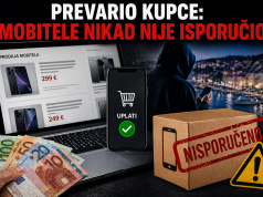 Ilustracija online prijevare s prodajom mobitela: kupac plaća uređaj putem interneta, ali isporuka izostaje, uz prikaz novca, paketa i sumnjive osobe.