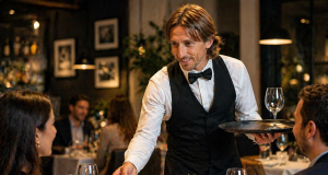 Elegantni konobar poslužuje goste u restoranu, donoseći jelo za stol u ugodnoj i sofisticiranoj atmosferi.