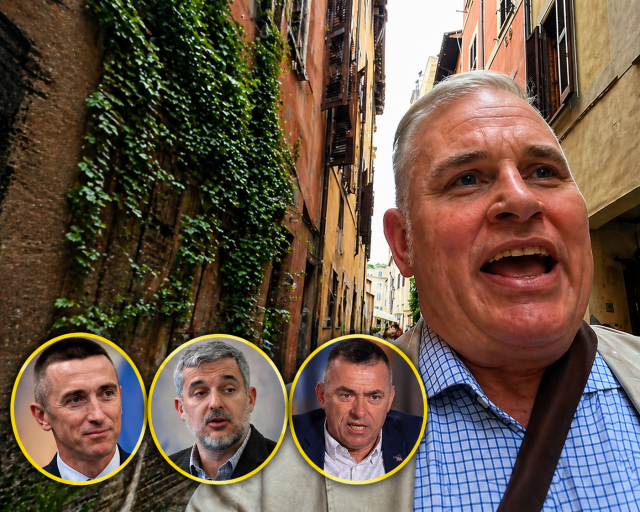 Muškarac govori u uskoj ulici europskog grada, dok su u donjem dijelu fotografije prikazane tri kružne fotografije hrvatskih političara.