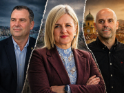 Gradonačelnica stoji između dvojice kandidata na ilustraciji koja simbolizira politički sukob i podijeljene strane oko upravljanja turizmom u Rijeci.