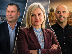 Gradonačelnica stoji između dvojice kandidata na ilustraciji koja simbolizira politički sukob i podijeljene strane oko upravljanja turizmom u Rijeci.