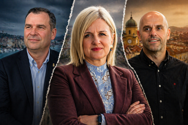 Gradonačelnica stoji između dvojice kandidata na ilustraciji koja simbolizira politički sukob i podijeljene strane oko upravljanja turizmom u Rijeci.