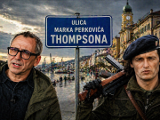 Fotomontaža Olivera Frljića i Marka Perkovića Thompsona uz tablu “Ulica Marka Perkovića Thompsona” na ivi