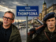 Fotomontaža Olivera Frljića i Marka Perkovića Thompsona uz tablu “Ulica Marka Perkovića Thompsona” na ivi