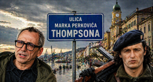 Fotomontaža Olivera Frljića i Marka Perkovića Thompsona uz tablu “Ulica Marka Perkovića Thompsona” na ivi