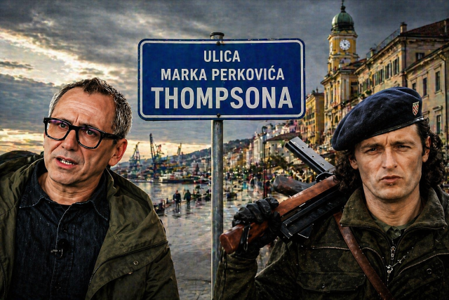Fotomontaža Olivera Frljića i Marka Perkovića Thompsona uz tablu “Ulica Marka Perkovića Thompsona” na ivi