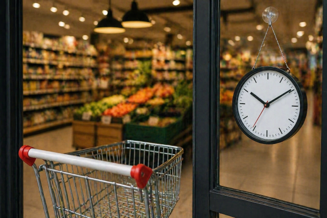 Ulaz u supermarket s praznim kolicima i satom na staklenim vratima, unutrašnjost trgovine u pozadini.
