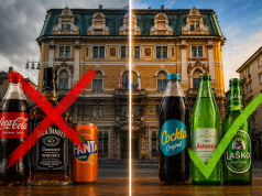 Palača Modello u Rijeci s prikazom uklanjanja američkih pića poput Coca-Cole i Jack Daniel’sa te zamjene lokalnim brendovima poput Cockte, Jamnice i Laškog