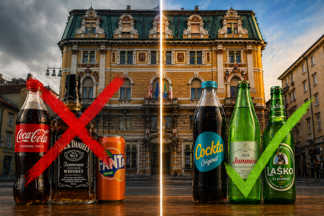 Palača Modello u Rijeci s prikazom uklanjanja američkih pića poput Coca-Cole i Jack Daniel’sa te zamjene lokalnim brendovima poput Cockte, Jamnice i Laškog