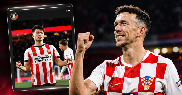 Ivan Perišić slavi pogodak u dresu Hrvatske dok se u pozadini vidi kadar s mladim igračem PSV-a Esmirom Bajraktarevićem