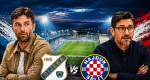 Treneri Rijeke i Hajduka prikazani ispred stadiona Rujevica uoči Jadranskog derbija