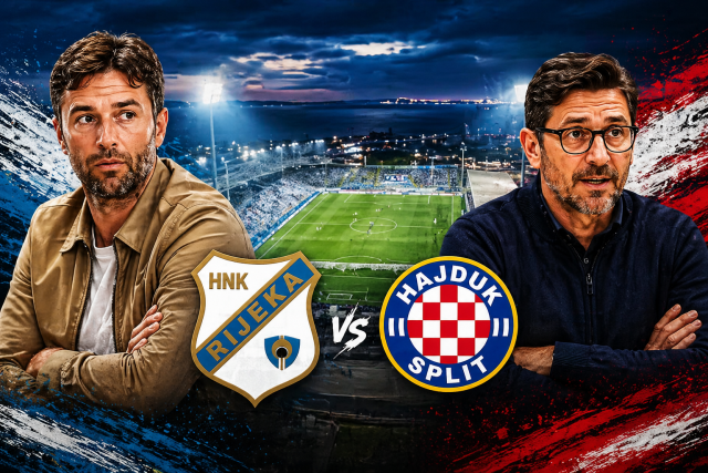 Treneri Rijeke i Hajduka prikazani ispred stadiona Rujevica uoči Jadranskog derbija